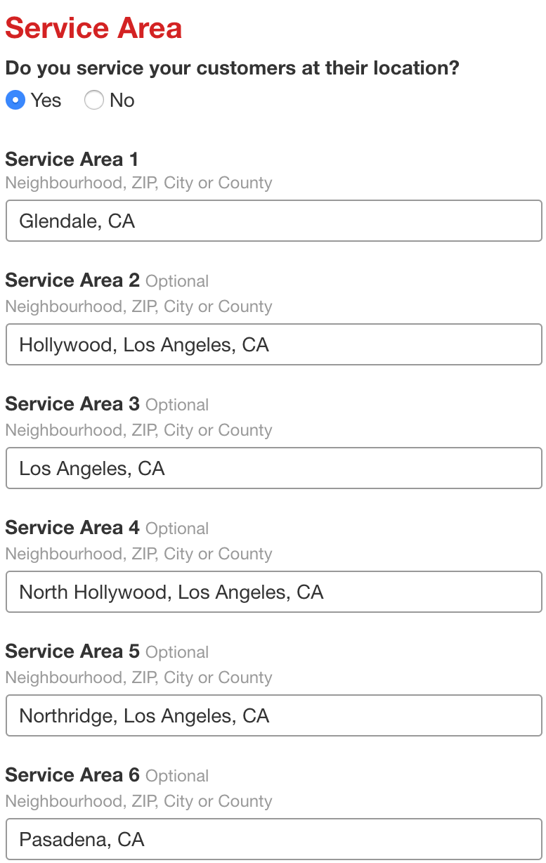 Yelp Service Areas